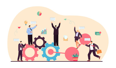 Business people discussing partnership vector illustration. Happy employees making agreement, developing business together, exchanging messages. Enterprise communication platform concept