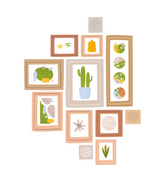 Vector illustration of framed paintings hanging on the wall. A composition of modern paintings in an abstract style. Wall decorations for the house. Isolated design on a white background.