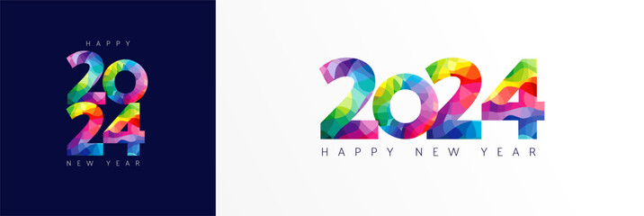 2024 Happy New Year colorful facet typography logo design concept. Xmas greetings with numbers in the form of colored stained glass. Vector illustration - obrazy, fototapety, plakaty