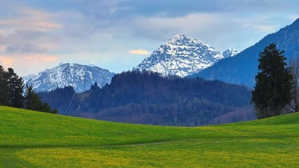 The typical landscape of German Allgau with its green meadows and beautiful mountains - amazing drone photography