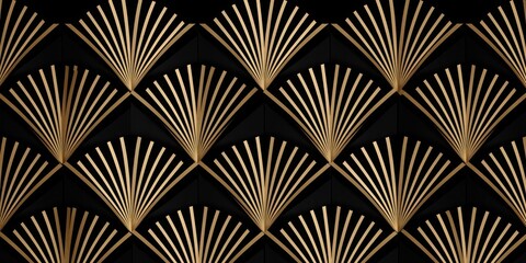 Seamless golden Art Deco diamond palm fan line pattern. Vintage roaring 20s abstract geometric gold plated relief sculpture on dark black background. Elegant shiny luxury backdrop. 3D, Generative AI