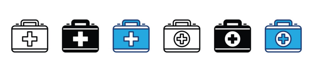Obraz premium First aid box line and flat icons set. First aid kit, Medical care bag icon symbol. Vector illustration