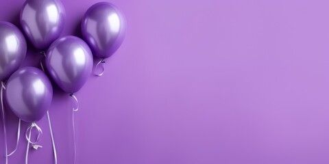 Purple balloons on a purple background, with space for text. Purple banner. Generative AI