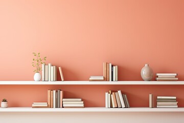 A collection of books is arranged neatly on a floating shelf, against a backdrop of a softly colored coral peach wall. The overall aesthetic of the room is minimalistic, creating a visually pleasing