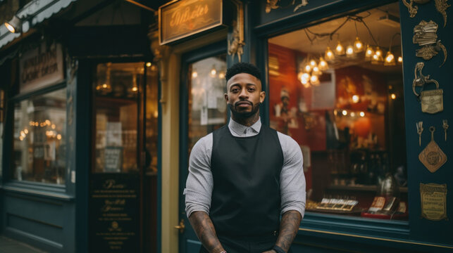 Barber shop owner in front of barbershop. happy and proud for his small business