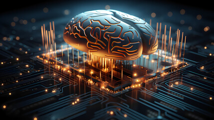 Realistic close up of brain combined and merging with technology and artificial intelligence concept