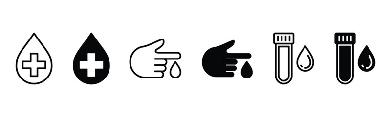 Fototapeta premium Blood test icons set. Hand with drop of blood sample icon symbol in line and flat style. Water, drop, red cross, tube. Medical care vector illustration