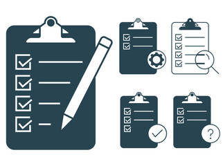 Clipboard icon with checklist , checkmarks, magnifier and pencil