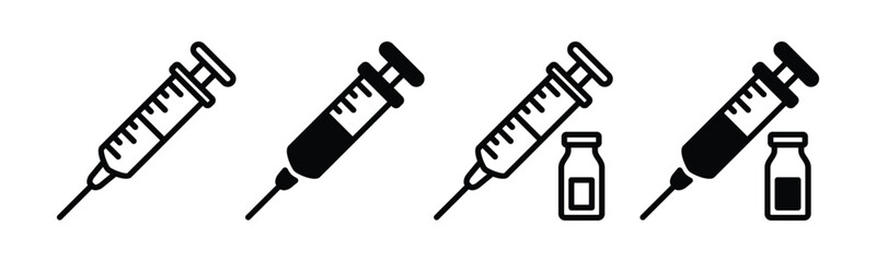 Syringe icons set. Vaccination, vaccine icon symbol in line and flat style. Medical care vector illustration - obrazy, fototapety, plakaty