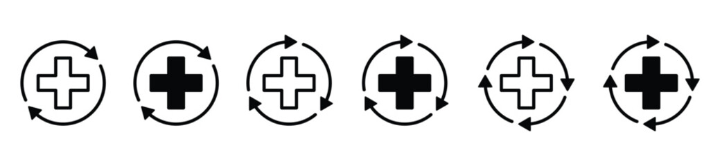 Obraz premium Recover line and flat icons set. Recovered, healthy again, back to health, circle arrow with red cross icon symbol. Medicals care vector illustration