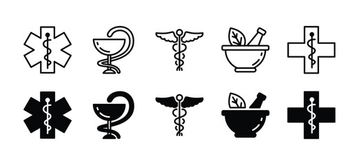 Pharmacy icons set. Caduceus snake, medicals, herbal bowl icon symbol in line and flat style for apps and websites. Health care vector illustration
