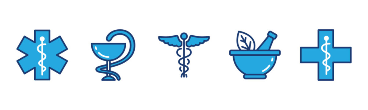 Pharmacy icons set. Caduceus snake, medicals, herbal bowl icon symbol for apps and websites. Health care vector illustration