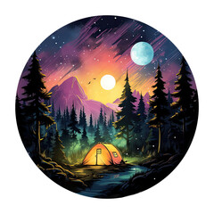 Watercolor illustration camping tent at night in spruce forest. Generative Ai