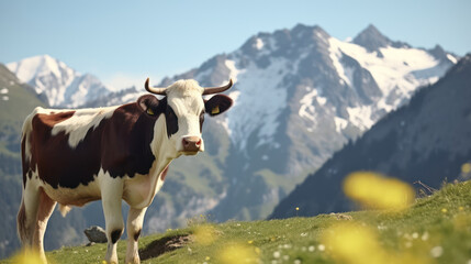 Fototapeta na wymiar Cow stands in high alpine meadow snowy mountains