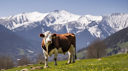 Cow stands in high alpine meadow snowy mountains