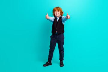 Full size photo of cheerful small person hands fingers demonstrate thumb up approval isolated on teal color background