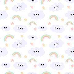 Cute pattern with clouds and rainbow, Cute cartoon rainbows smiling
