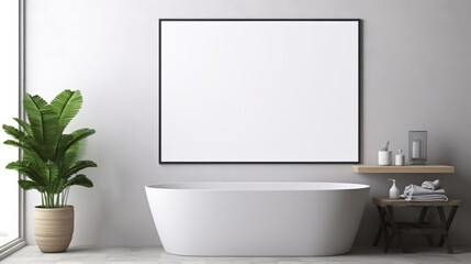 Naklejka na ściany i meble Blank mockup frame on a white wall inside a bathroom. bathtub