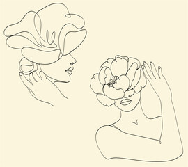 Woman face with flowers Line art. Elegant Feminine Beauty Logo. Abstract face with plants by one line drawing. Portrait minimalistic style. Botanical print. Nature symbol of cosmetics.
