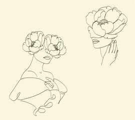 Woman face with flowers Line art. Elegant Feminine Beauty Logo. Abstract face with plants by one line drawing. Portrait minimalistic style. Botanical print. Nature symbol of cosmetics.
