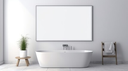 Fototapeta na wymiar Blank mockup frame on a white wall inside a bathroom. bathtub