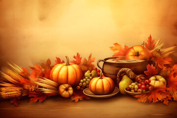 Naklejka na ściany i meble thanksgiving still life, pumpkin and autumn leaves, halloween pumpkin and candle
