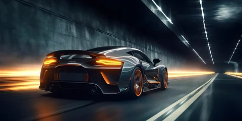 Zelfklevend Fotobehang Futuristic Sports Car On Highway. Powerful acceleration of a supercar on a night track with lights and trails. 3d illustration. Generative Ai. © Lucky Ai