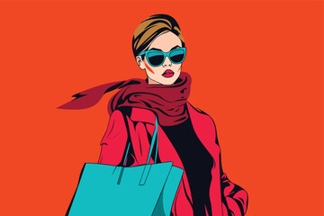 Fashionable girl with shopping bags pop art vector, colorful art of a girl with shopping bags vector illustration