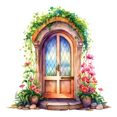 Fototapeta na wymiar Door surrounded by flowers and vase in front of it watercolor hand painted vector ilustration