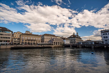 03-08-2023 Limmat river bank side view of Zurich city hall building, Szitwerland