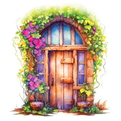 Fototapeta na wymiar Fairy tale door surrounded by flowers watercolor paint
