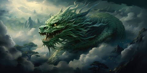 Green fantastic dragon on a dark background. Generative AI - obrazy, fototapety, plakaty