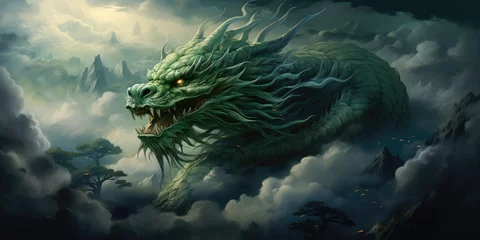Foto auf Alu-Dibond Green fantastic dragon on a dark background. Generative AI © 22_monkeyzzz