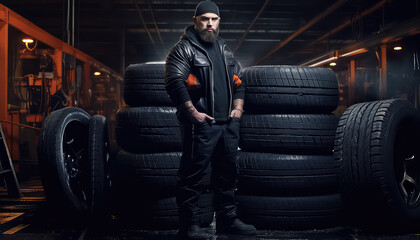 Obraz na płótnie Canvas auto mechanic checking tires and rubber treads for safety, concept with car repair.