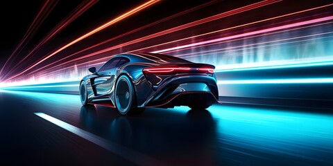 Futuristic Sports Car On Highway. Powerful acceleration of a supercar on a night track with lights...