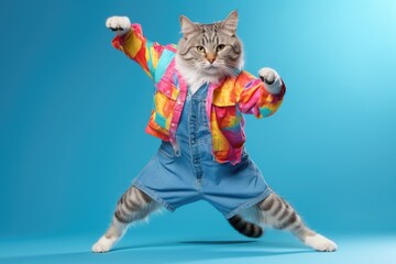 Cat wearing colorful clothes dancing on the red background	 - obrazy, fototapety, plakaty