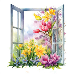 Window with flowers watercolor painted