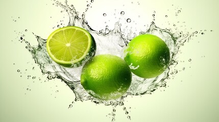 Fresh fruit lime with water splash on white background