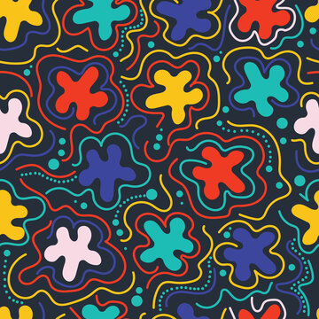 Abstract organic blob shapes seamless pattern. Whimsical arrangement of basic doodle liquid splodges, squiggles and polka dots