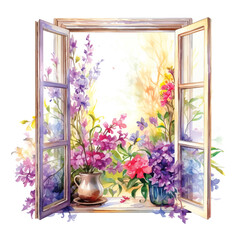  Window with flowers vector watercolor paint ilustration.