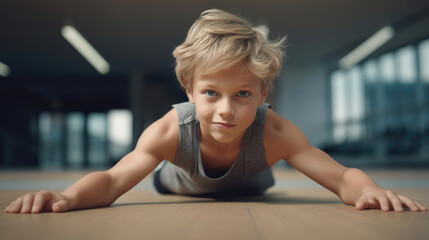 Fototapeta na wymiar Portrait of little boy doing push-ups on floor in gym. Generative AI