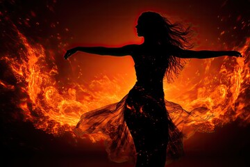 Woman silhouette dancing in vibrant flames. Generative AI