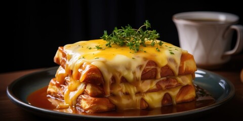 The national dish of Portugal is Francesinha. Appetizing Dish close-up on the table.