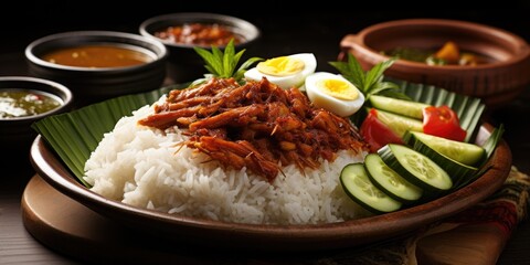 The national dish of Malaysia, nasi lemak. Dish close-up. Generative AI - obrazy, fototapety, plakaty