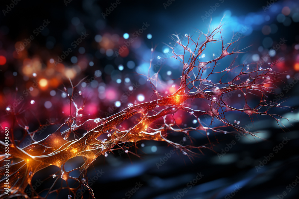 Aufkleber Neurons and Networks: An illustration depicting neurons as stars or dots connected by thin lines, forming intricate networks of information exchange.   Generative AI technology.