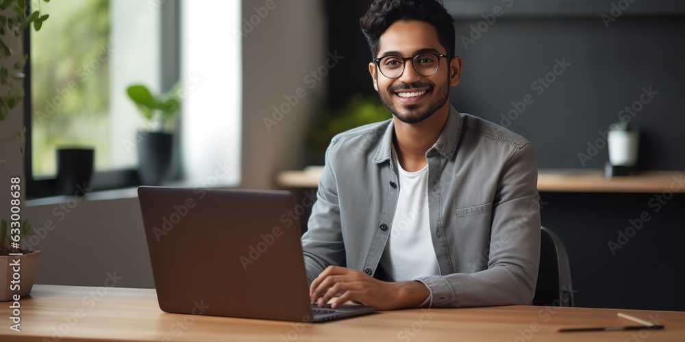 Poster happy man sitting at the table with a laptop, smiling and posing for the camera while working.