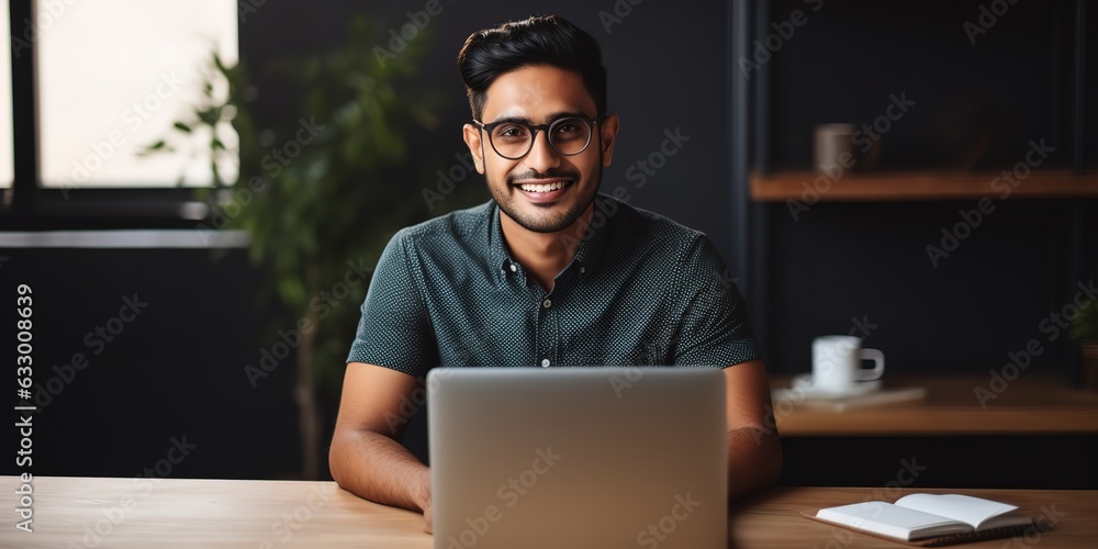 Poster Happy man sitting at the table with a laptop, smiling and posing for the camera while working.
