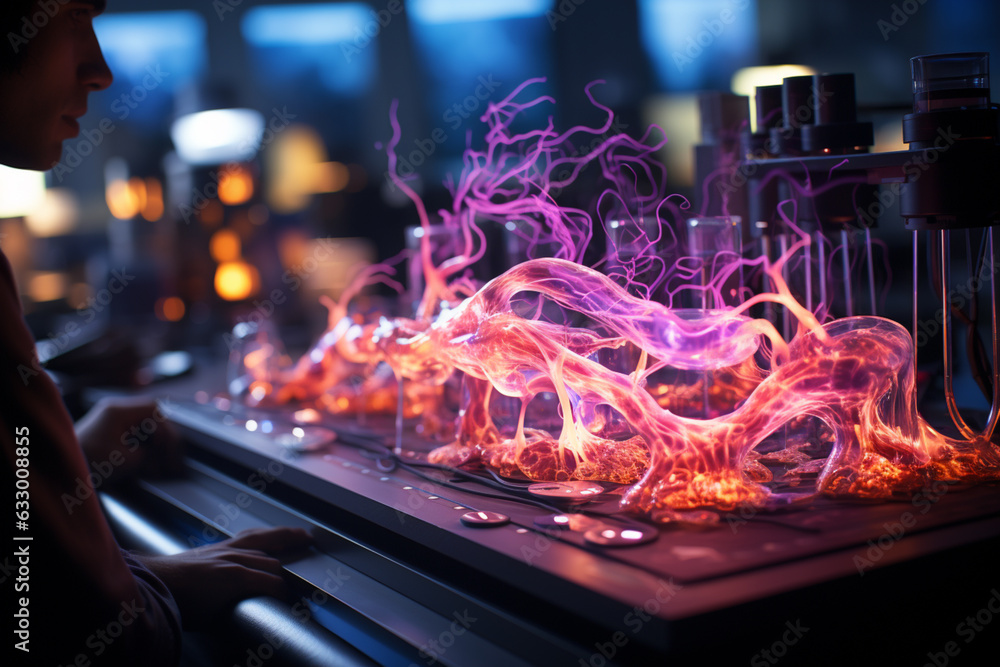 Poster  Visualization of a researcher studying brain tissues under a microscope.  Generative AI technology.