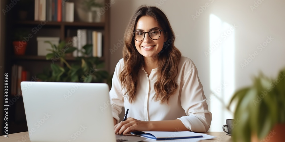 Poster smiling woman sitting at the table, using a laptop and writing in a notebook, making notes.
