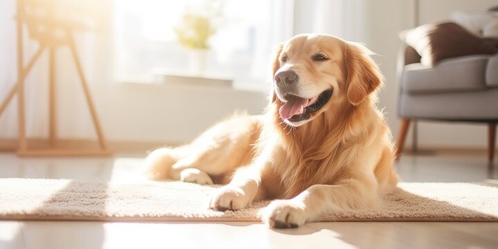 Cute golden retriever resting near the sofa in the living room at home